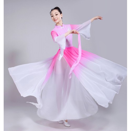Chinese traditional folk dance costumes for adult female pink gradient fairy cosplay hanfu yangko fan umbrella dancing dresses dancewear